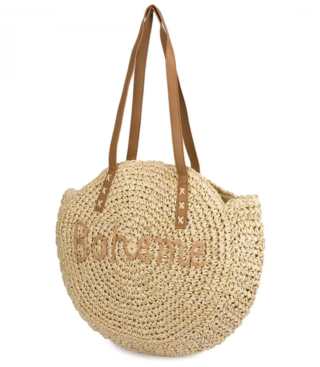 Kulatá pletená boho kabelka s nápisem "Bohème"