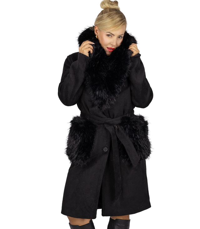 Elegantní dámský kabát s ozdobnou kožešinou CRYSTAL