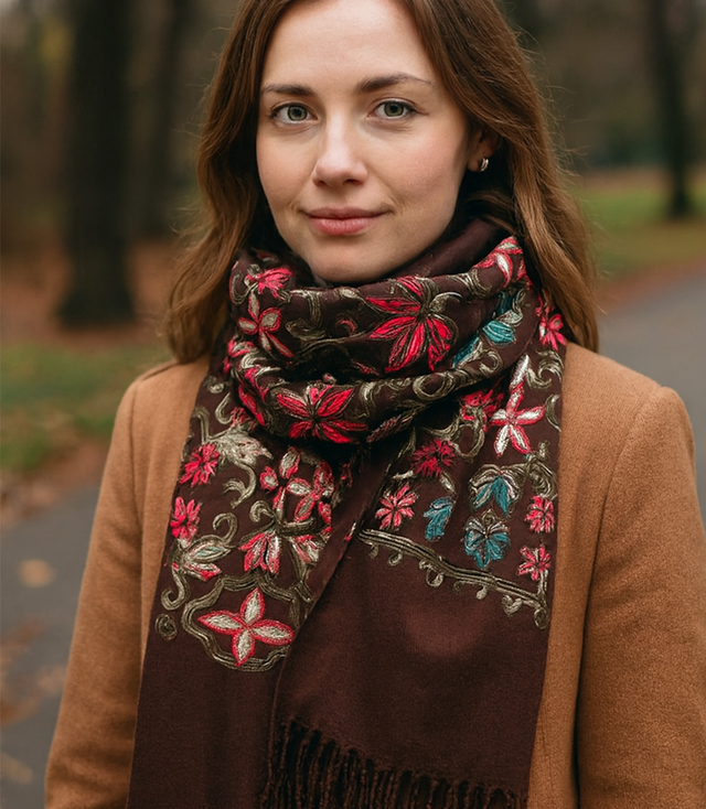 Dámský šátek s vyšívaným vzorem a střapci