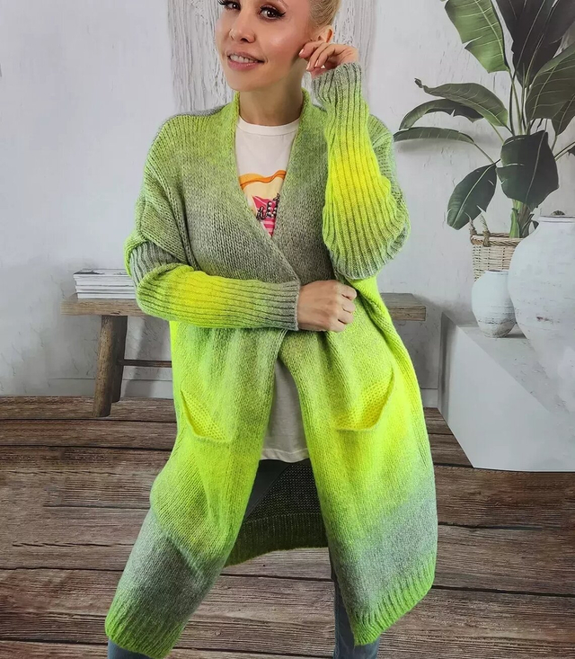 Kardigan dlouhý hrubý svetr ombre barevný