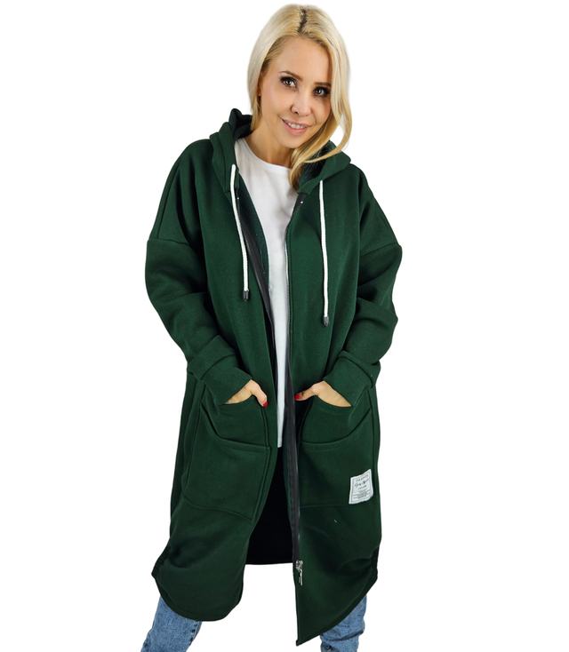 Dlouhá dámská mikina s kapucí. Teplý, příjemný materiál. Zip BETH