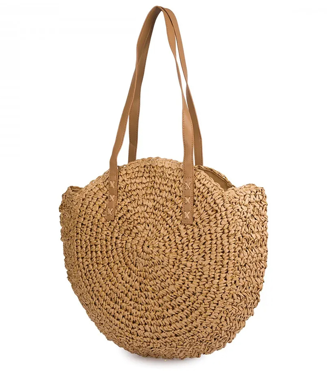 Kulatá pletená boho kabelka s nápisem "Bohème"