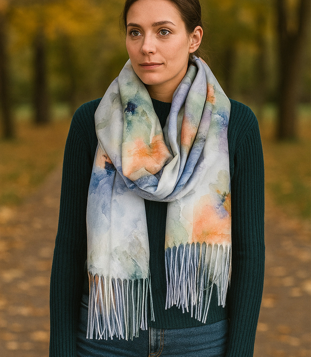 Dámská šála s květinovým motivem a střapci elegantní