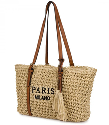 Pletená boho kabelka se střapci a nápisem PARIS MILANO