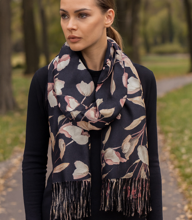 Dámská šála s malými střapci s květinovým motivem