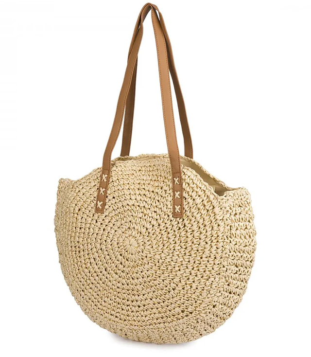 Kulatá pletená boho kabelka s nápisem "Bohème"