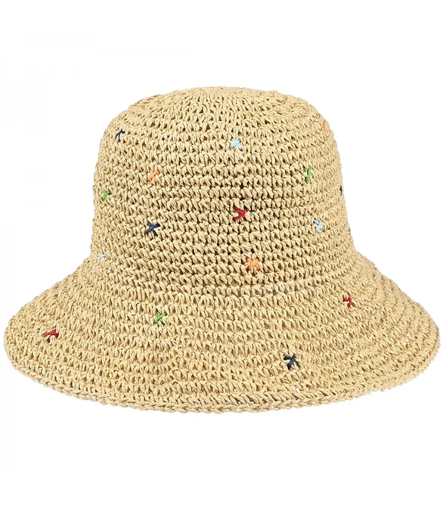 Dámský letní klobouk z pletené rafie s barevnou výšivkou BUCKET HAT 