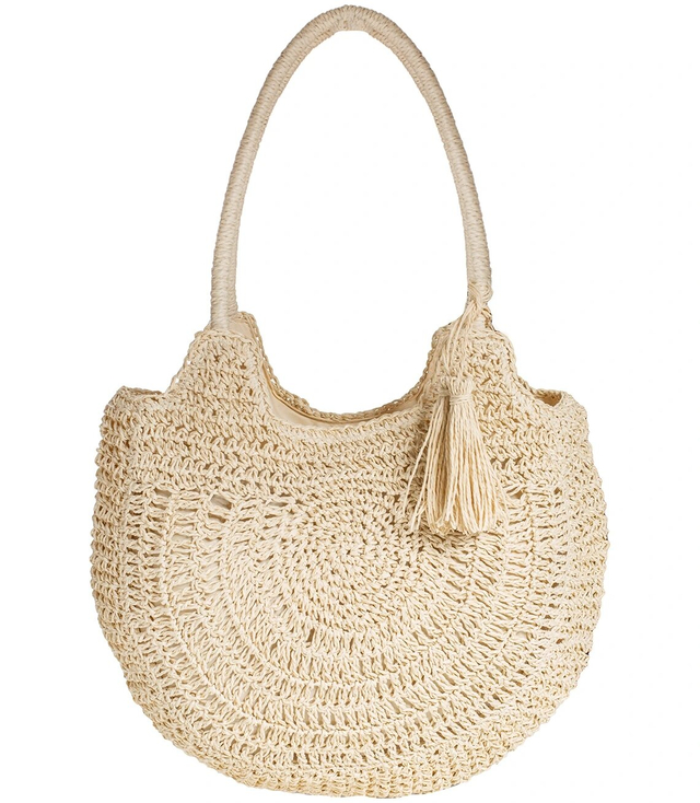 Velká kulatá plážová taška ze slámy, celotkaná