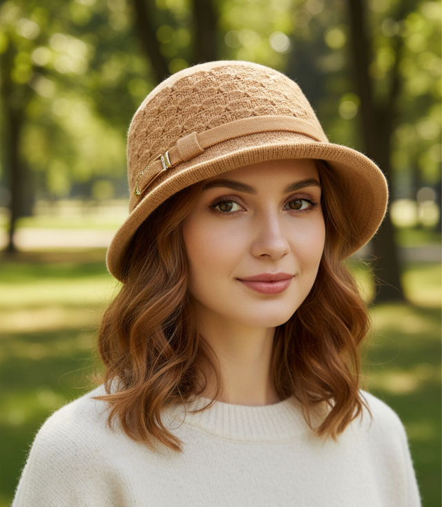 Dámský klobouk s ozdobným páskem a sponou