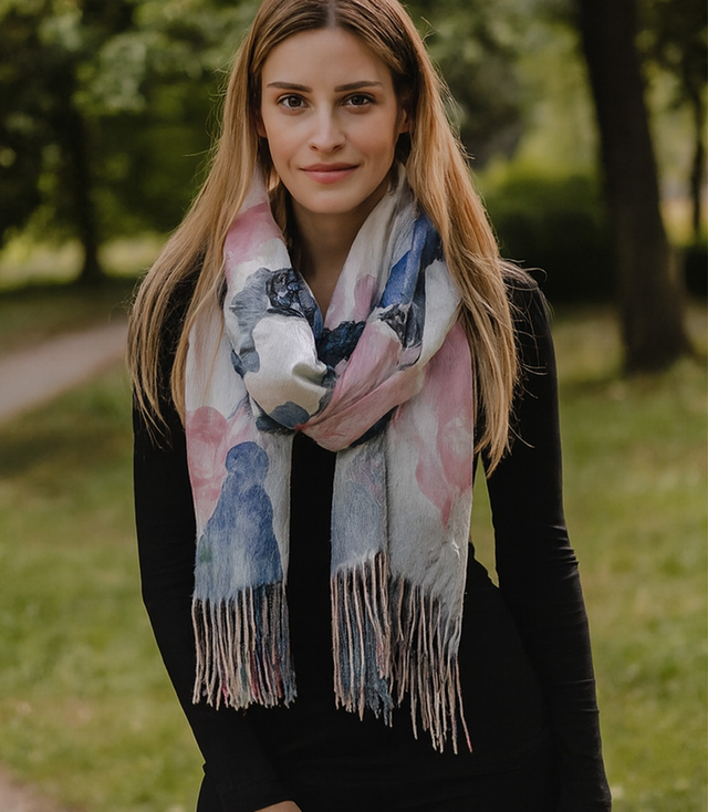 Dámská šála s květinovým motivem a střapci elegantní