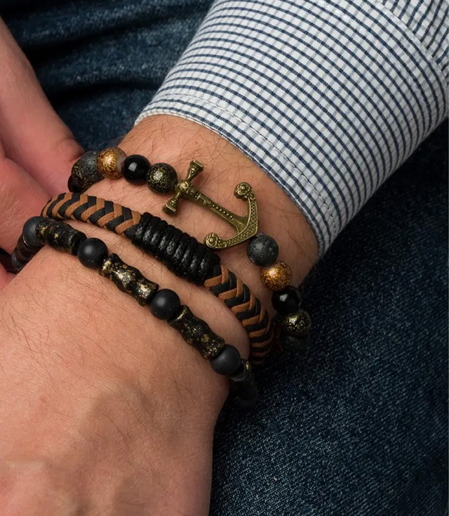 Sada pánských náramků z přírodního kamene s kotvou