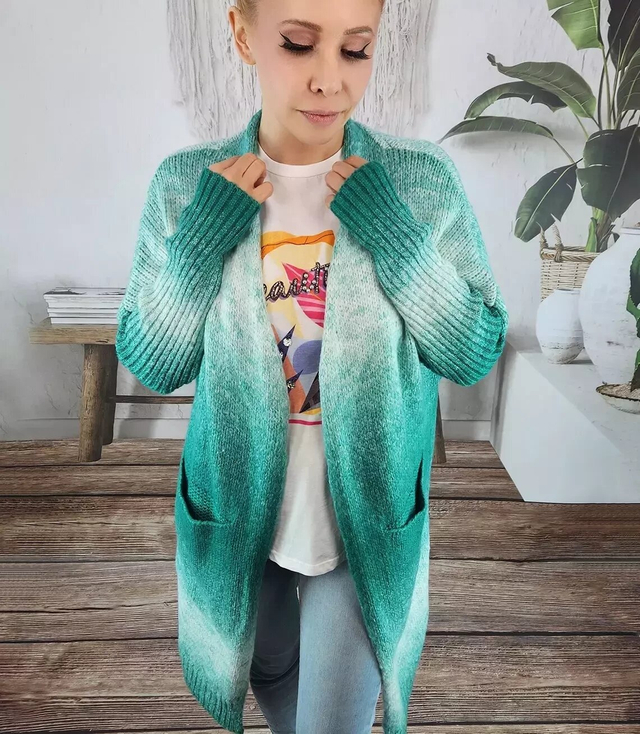 Kardigan dlouhý hrubý svetr ombre barevný