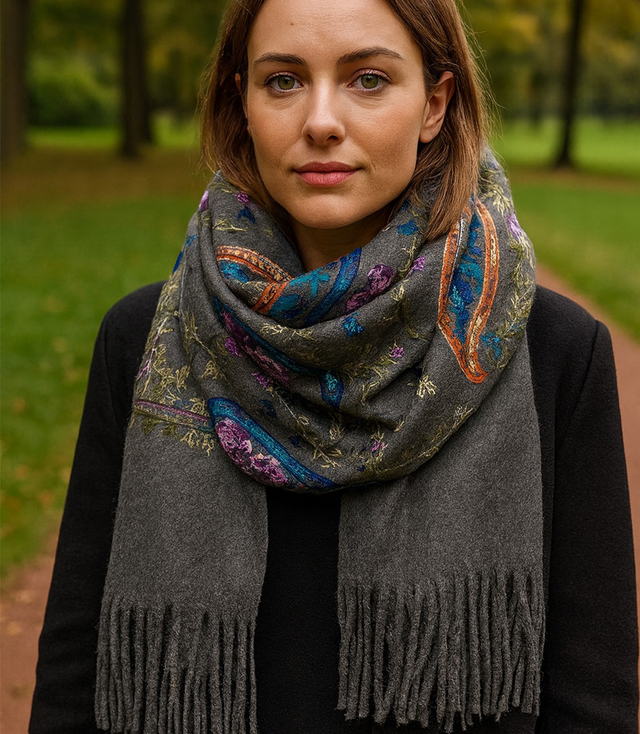 Dámský šátek s vyšívaným vzorem a střapci