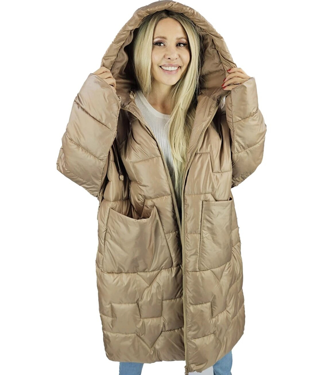 Dámská dlouhá teplá bunda s prošíváním a kapucí ANABEL