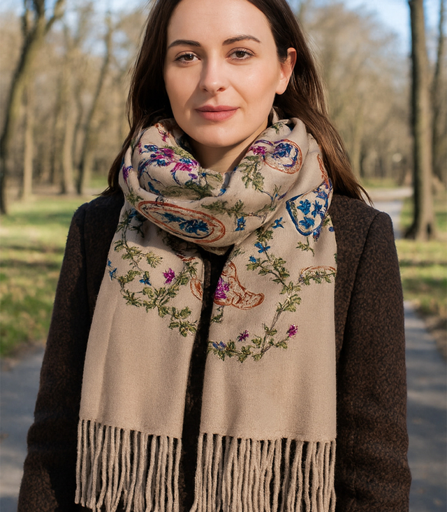 Dámský šátek s vyšívaným vzorem a střapci