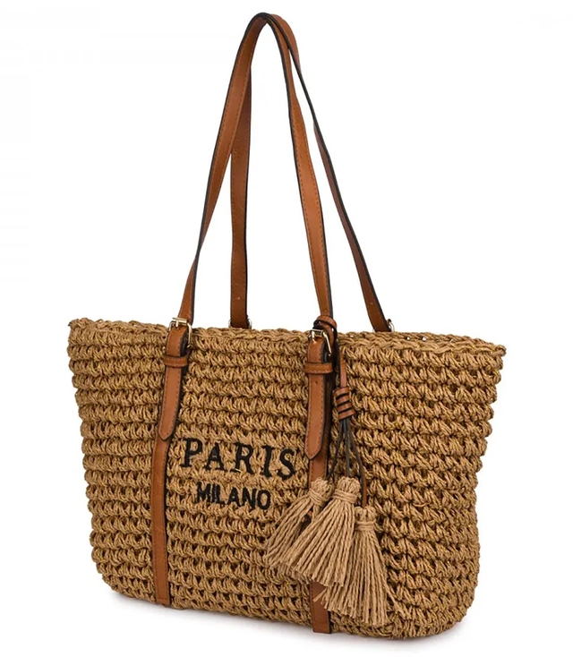 Pletená boho kabelka se střapci a nápisem PARIS MILANO