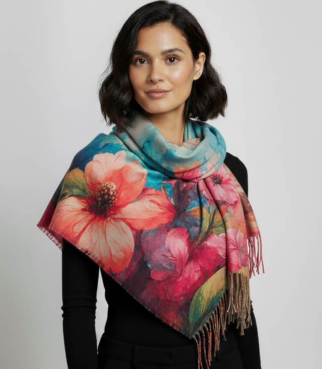 Elegantní velká květinová šála se střapci