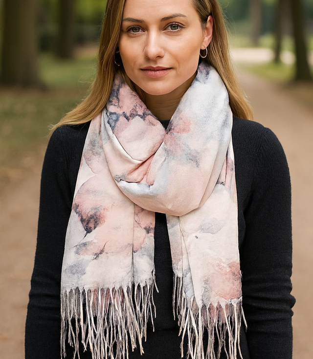 Dámská šála s květinovým motivem a střapci elegantní