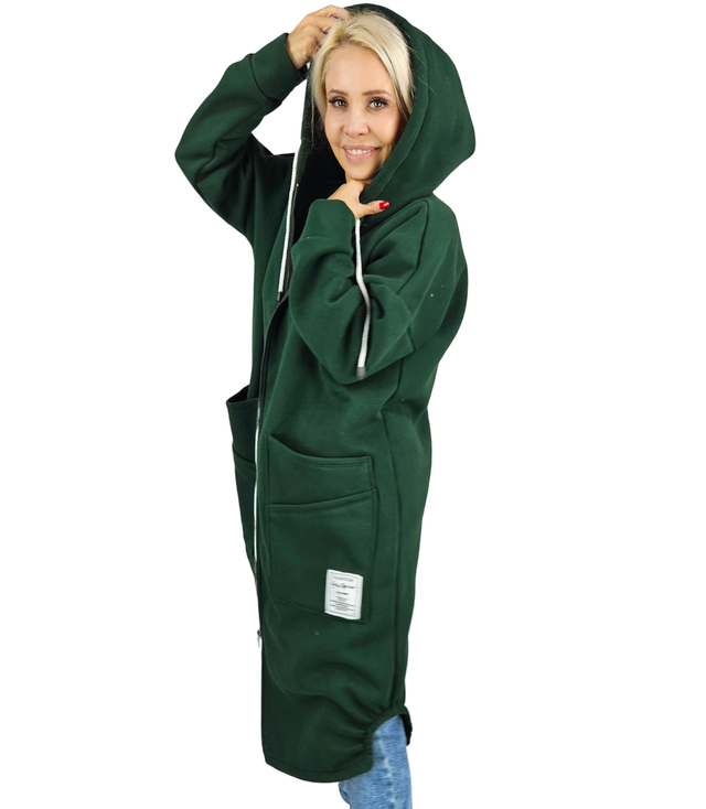 Dlouhá dámská mikina s kapucí. Teplý, příjemný materiál. Zip BETH