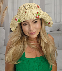 Dámský letní slaměný klobouk s vyšívanými jahodami BUCKET HAT 
