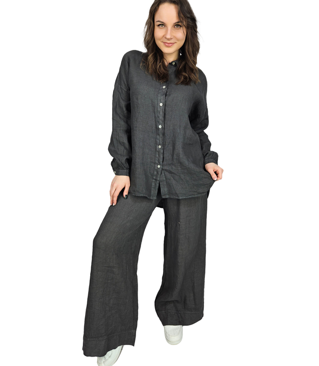 Lněná souprava kulichových kalhot a dlouhé košile LAILA 2 v nadměrné velikosti
