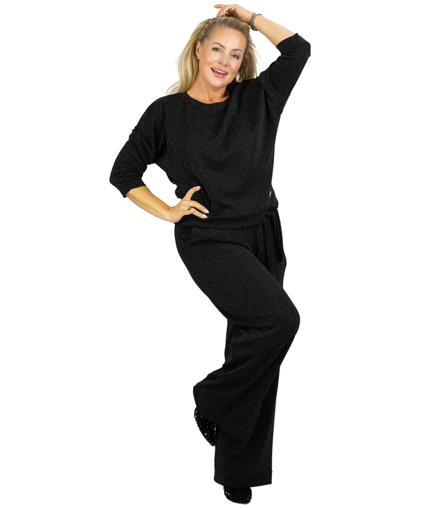 Elegantní dámský lesklý komplet - halenka + široké kalhoty