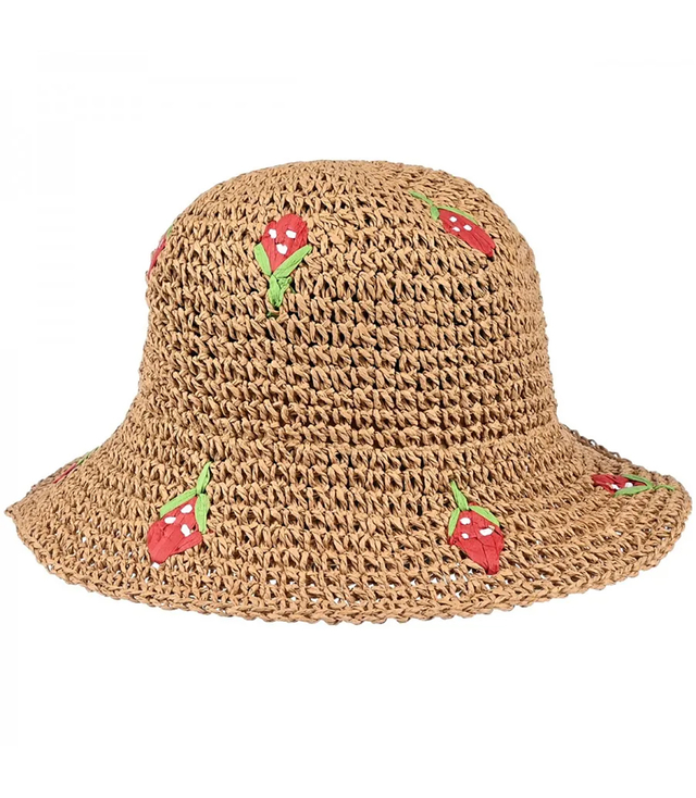 Dámský letní slaměný klobouk s vyšívanými jahodami BUCKET HAT 