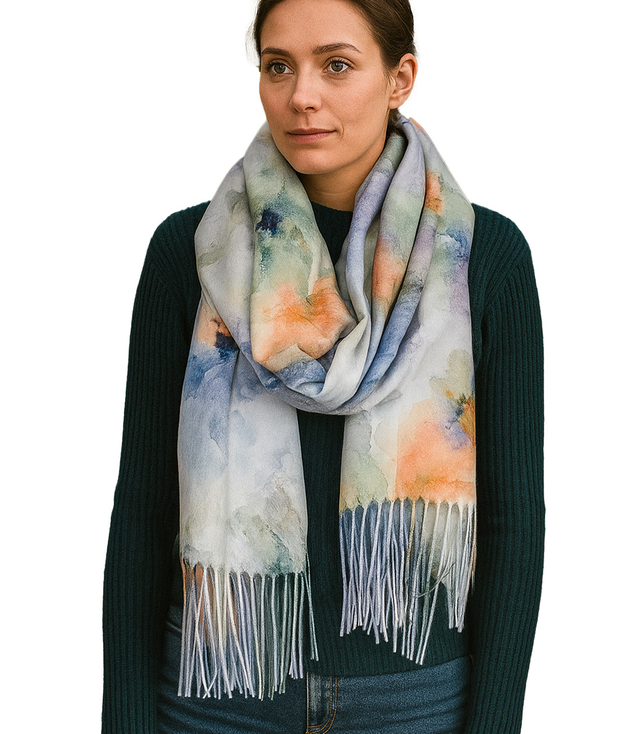 Dámská šála s květinovým motivem a střapci elegantní