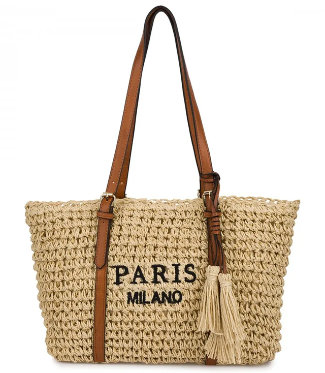 Pletená boho kabelka se střapci a nápisem PARIS MILANO