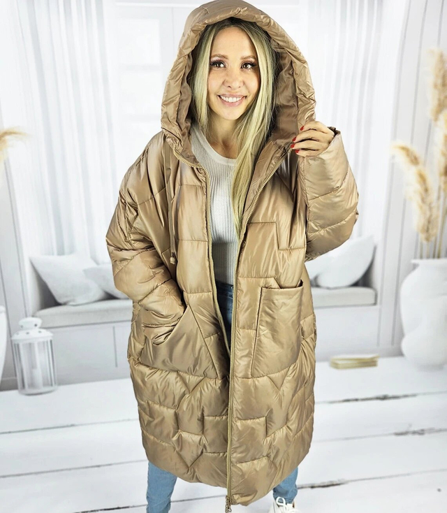 Dámská dlouhá teplá bunda s prošíváním a kapucí ANABEL