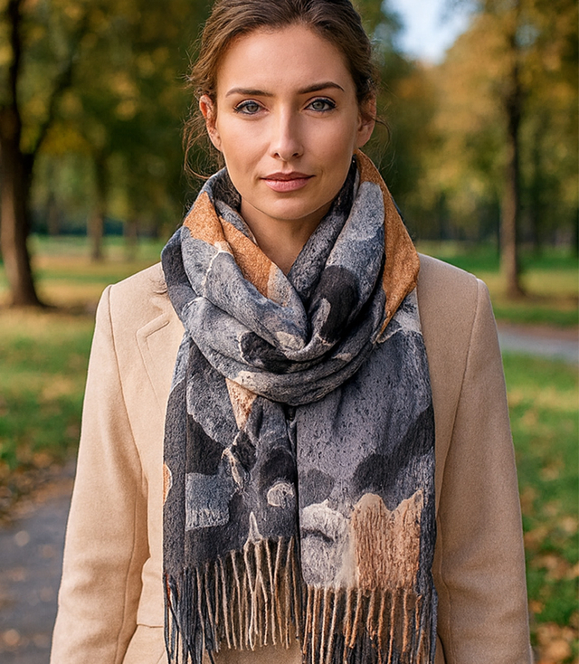 Dámská šála s květinovým motivem a střapci elegantní