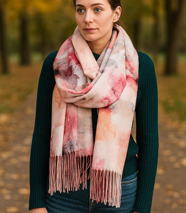 Dámská šála s květinovým motivem a střapci elegantní