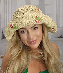 Dámský letní slaměný klobouk s vyšívanými jahodami BUCKET HAT 