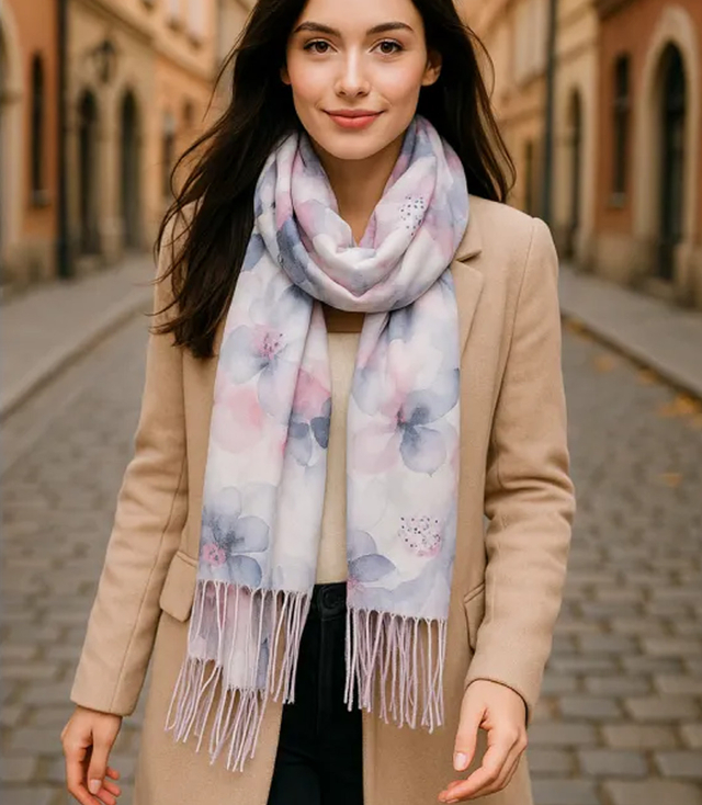 Dámská šála s květinovým motivem a střapci elegantní