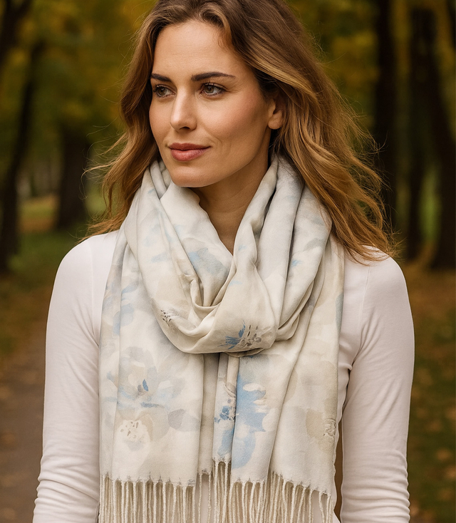 Dámská šála s květinovým motivem a střapci elegantní