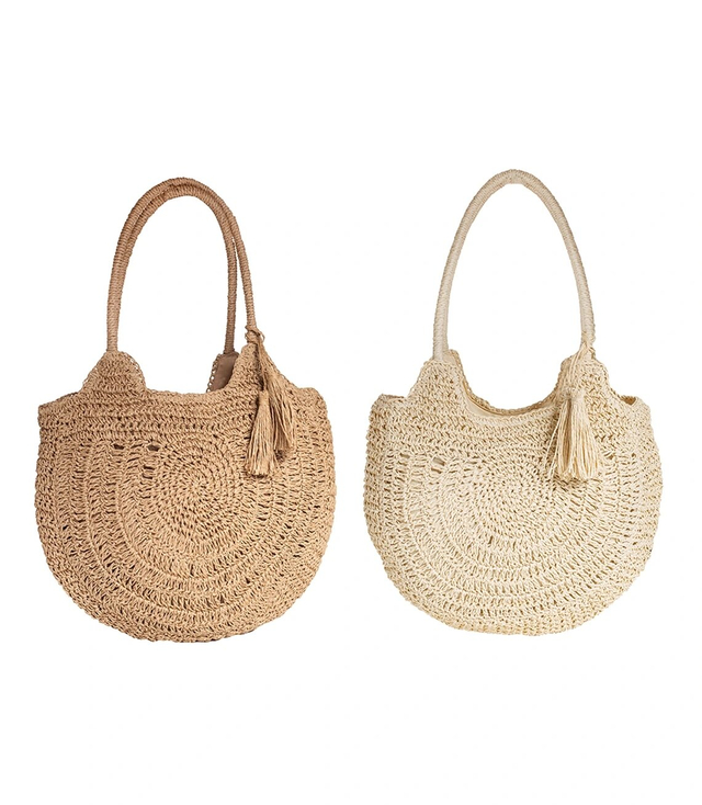 Velká kulatá plážová taška ze slámy, celotkaná