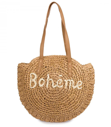 Kulatá pletená boho kabelka s nápisem "Bohème"
