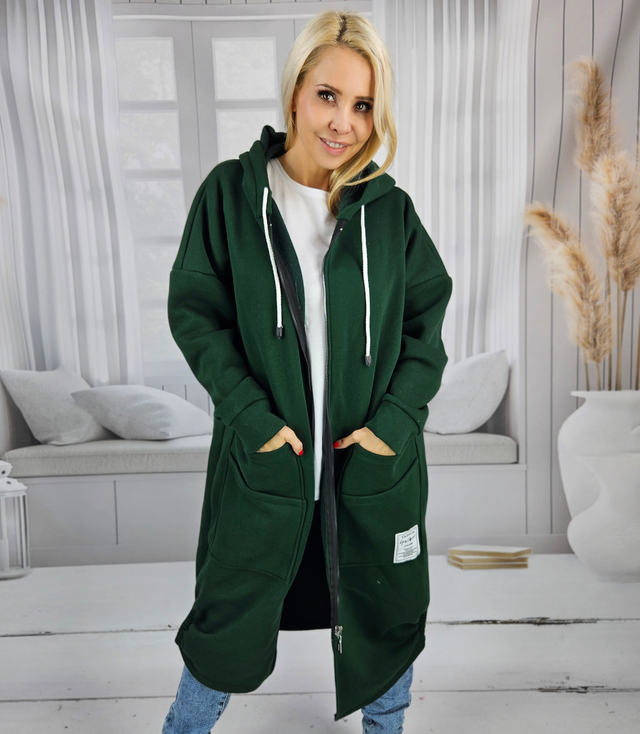 Dlouhá dámská mikina s kapucí. Teplý, příjemný materiál. Zip BETH