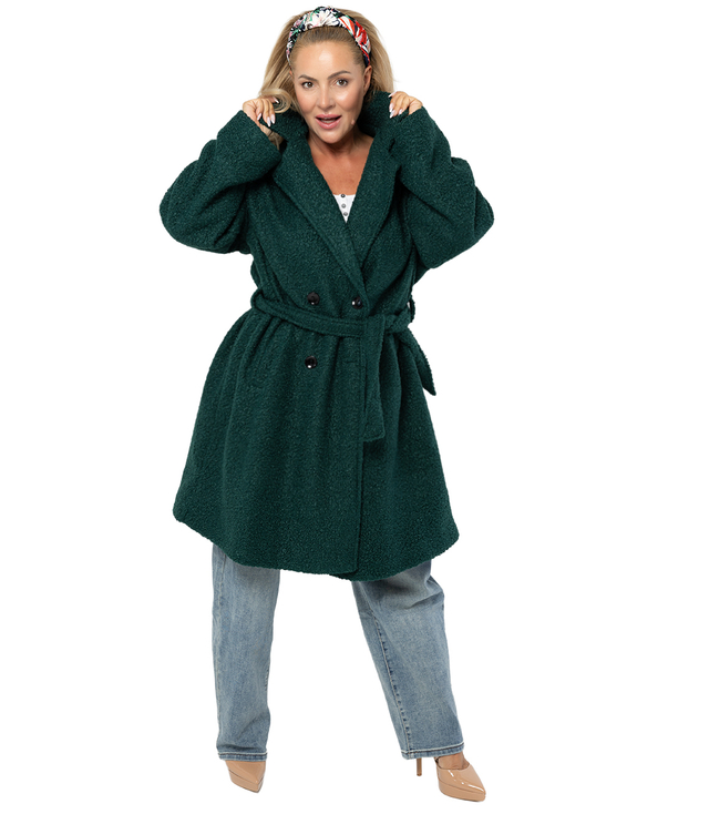 TEDDY dámský kabát z boucle tkaniny s medvědem