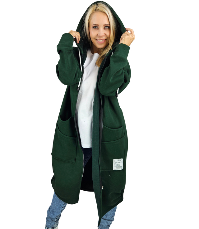 Dlouhá dámská mikina s kapucí. Teplý, příjemný materiál. Zip BETH