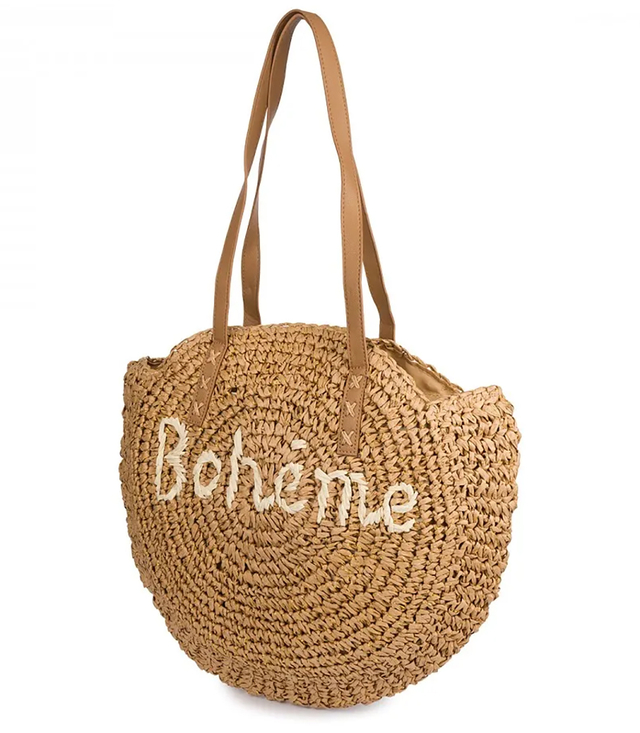Kulatá pletená boho kabelka s nápisem "Bohème"