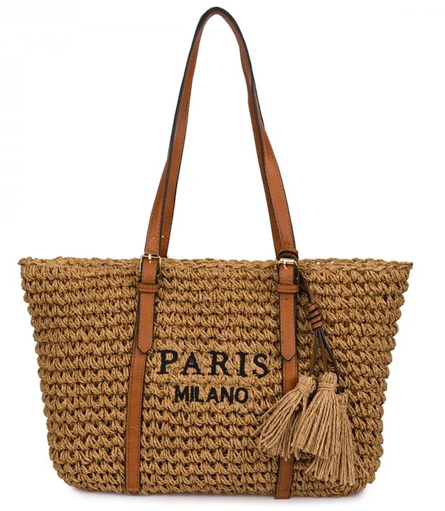 Pletená boho kabelka se střapci a nápisem PARIS MILANO