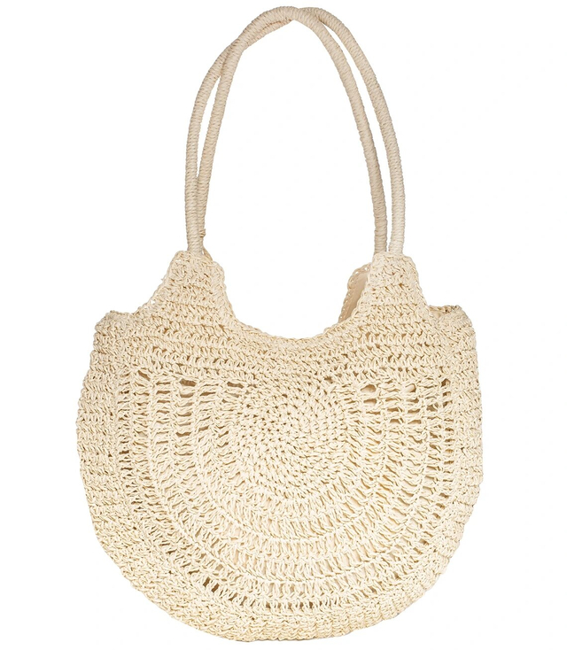 Velká kulatá plážová taška ze slámy, celotkaná