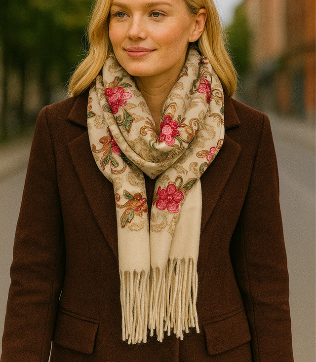 Dámský folklórní šátek s květinovým motivem a střapci