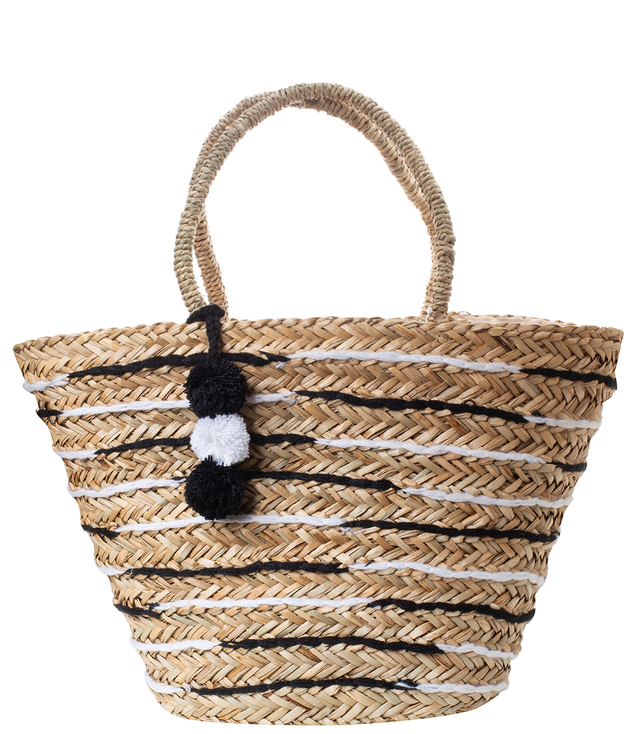 Mega velká letní taška pletený koš s podšívkou a bambulkami 