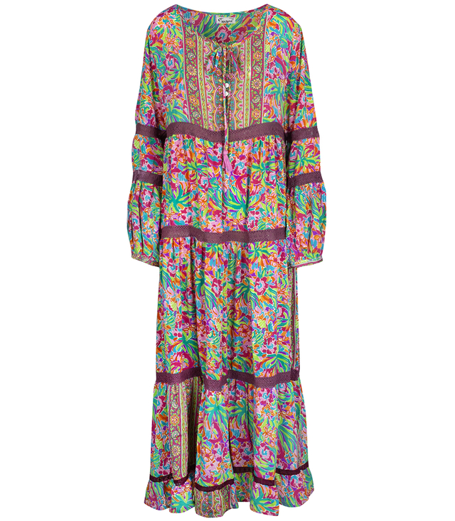 Dlouhé vzdušné etnické šaty s barevnými vzory, hedvábí MILANO