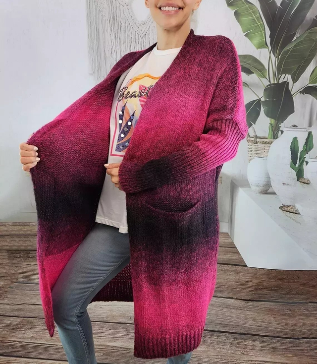 Kardigan dlouhý hrubý svetr ombre barevný