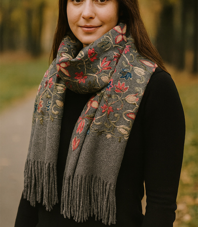 Dámský šátek s vyšívaným vzorem a střapci