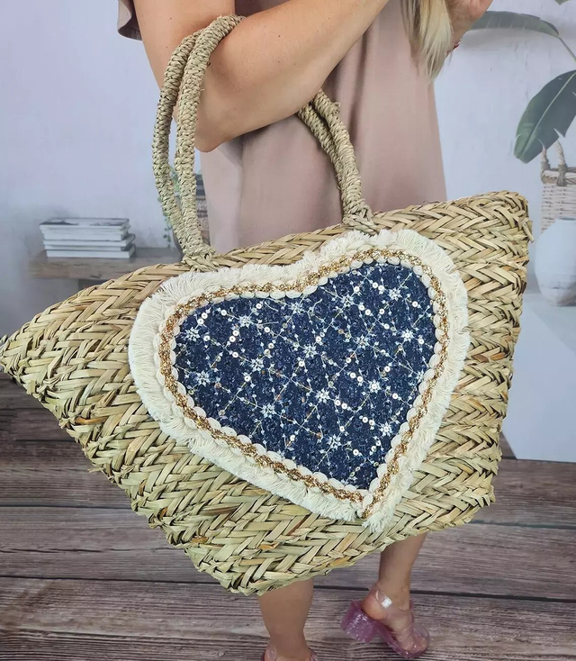 Velký přírodní košík s trapézovou taškou boho heart