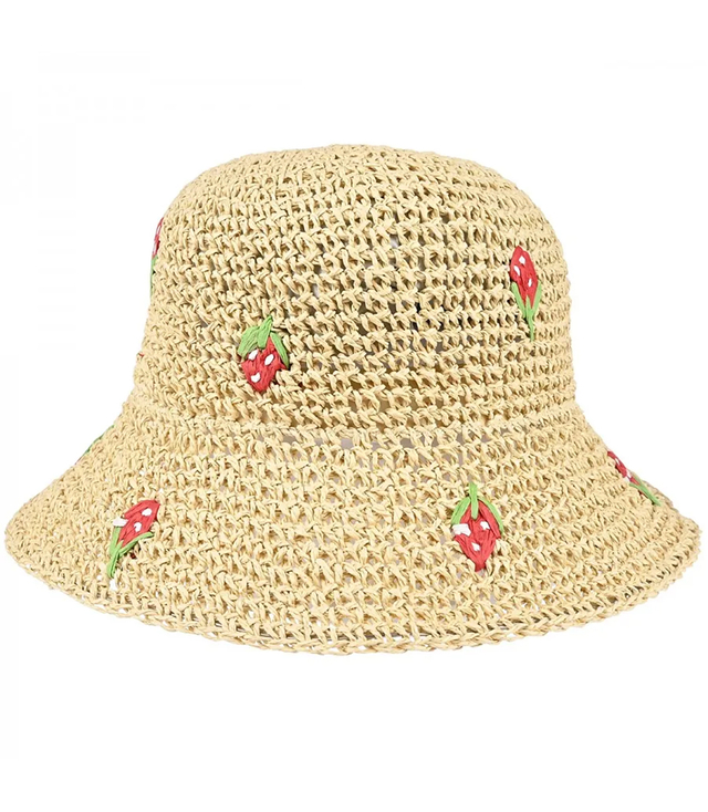 Dámský letní slaměný klobouk s vyšívanými jahodami BUCKET HAT 